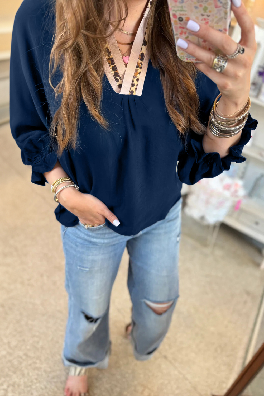 Dirty blue Leopard Trim V Neck Flounced Bracelet Sleeve Blouse - loveforevers