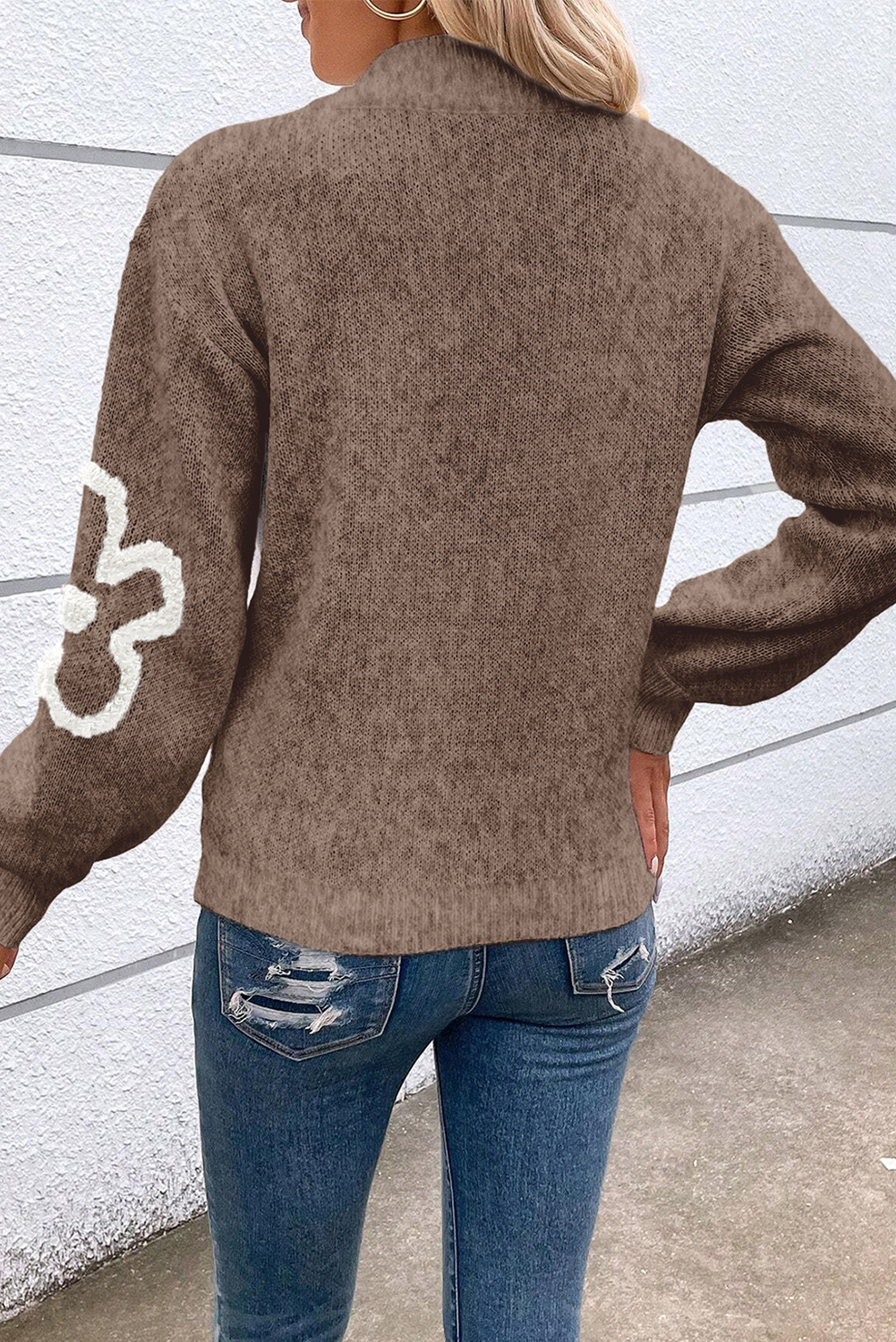 Parchment Contrast Flower Half Zipper Stand Neck Sweater - loveforevers