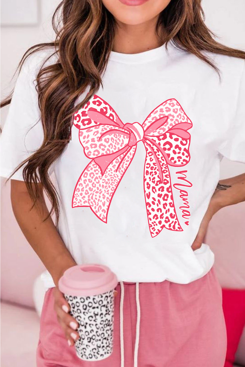 White Leopard Bow Graphic Mothers Day Fashion T Shirt - loveforevers