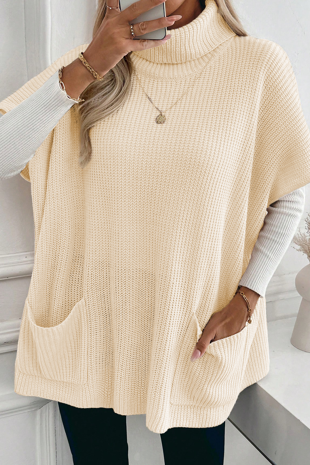 Jet Stream Plain Knit Casual Turtleneck Short Sleeve Tunic Sweater with Pockets - loveforevers