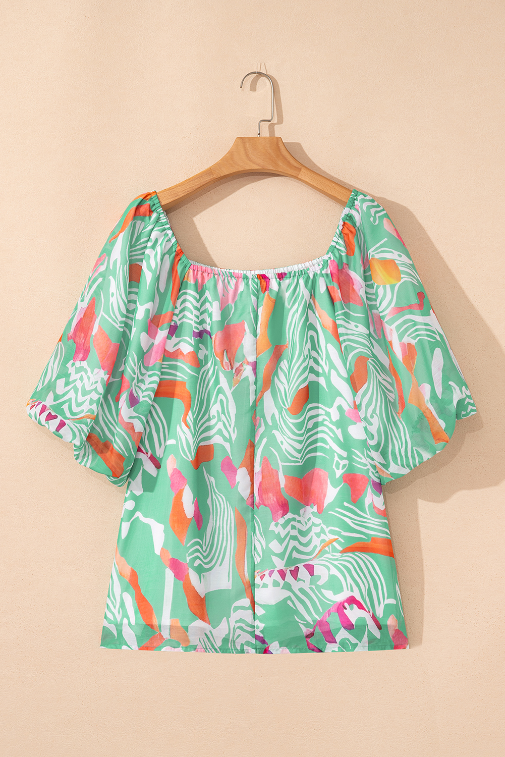 Green Tropical Boho Print Puff Sleeve Square Neck Loose Plus Blouse - loveforevers