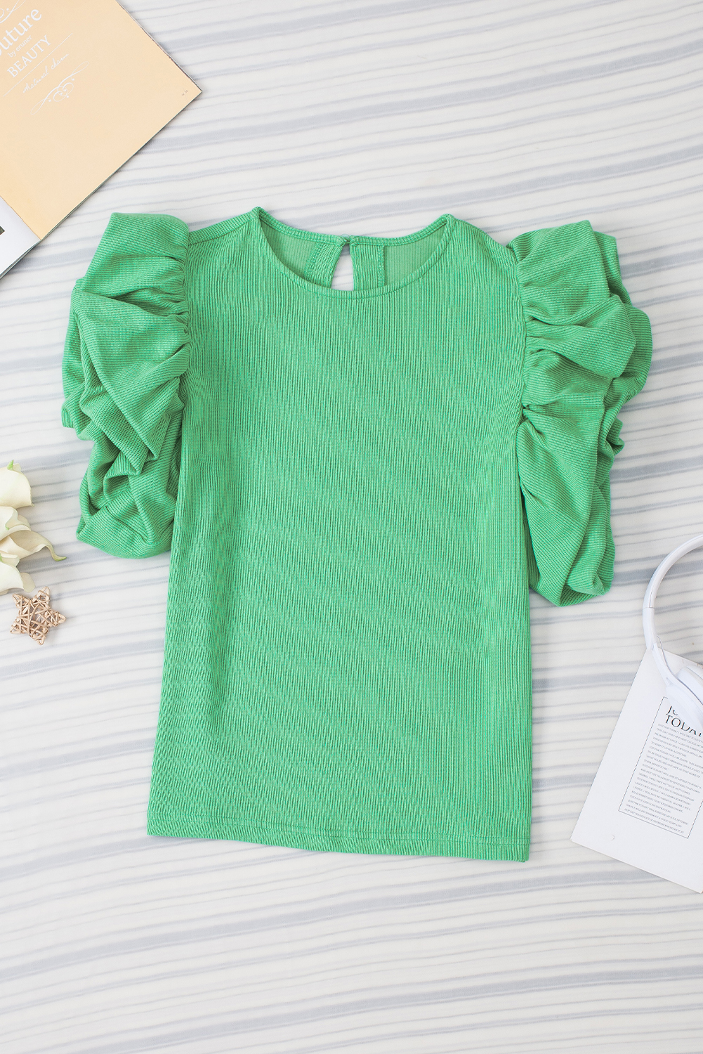 Green Ribbed Knit Puffy Ruffle Sleeve Blouse - loveforevers
