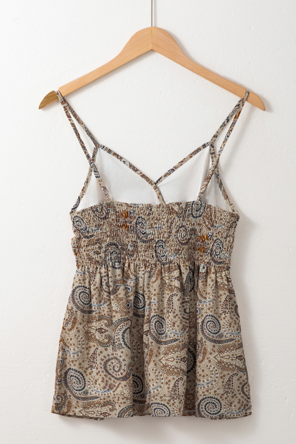 Khaki Paisley Printed Spaghetti Strap V Neck Smocked Babydoll Tank Top - loveforevers
