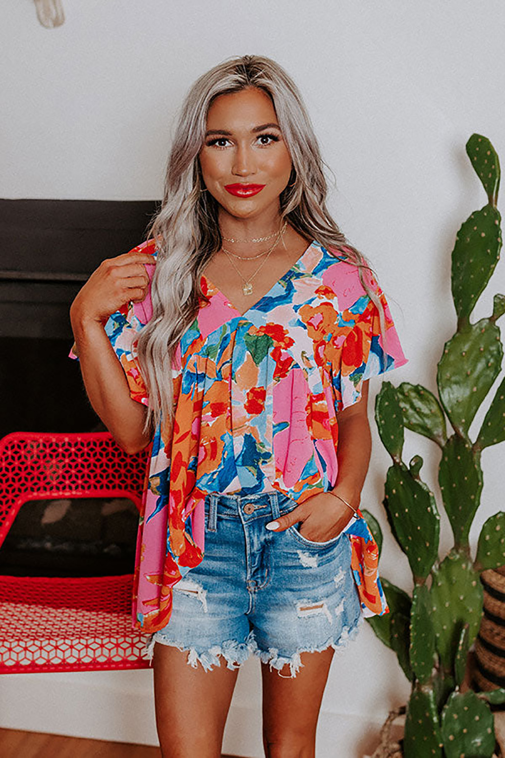 Pink Abstract Print V Neck Flutter Sleeve Blouse - loveforevers