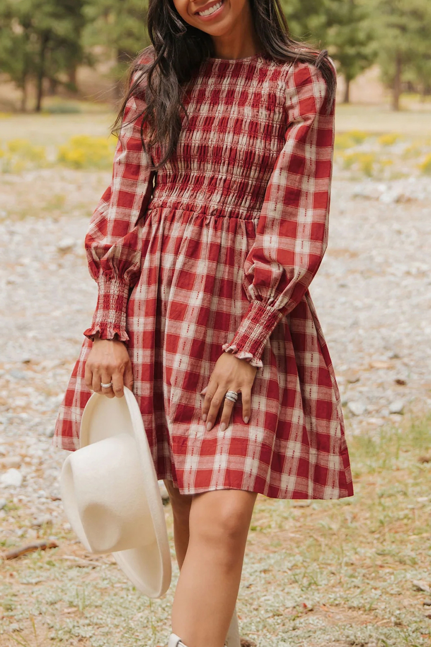 Red Plaid Print Smocked Puff Sleeve Mini Dress - loveforevers