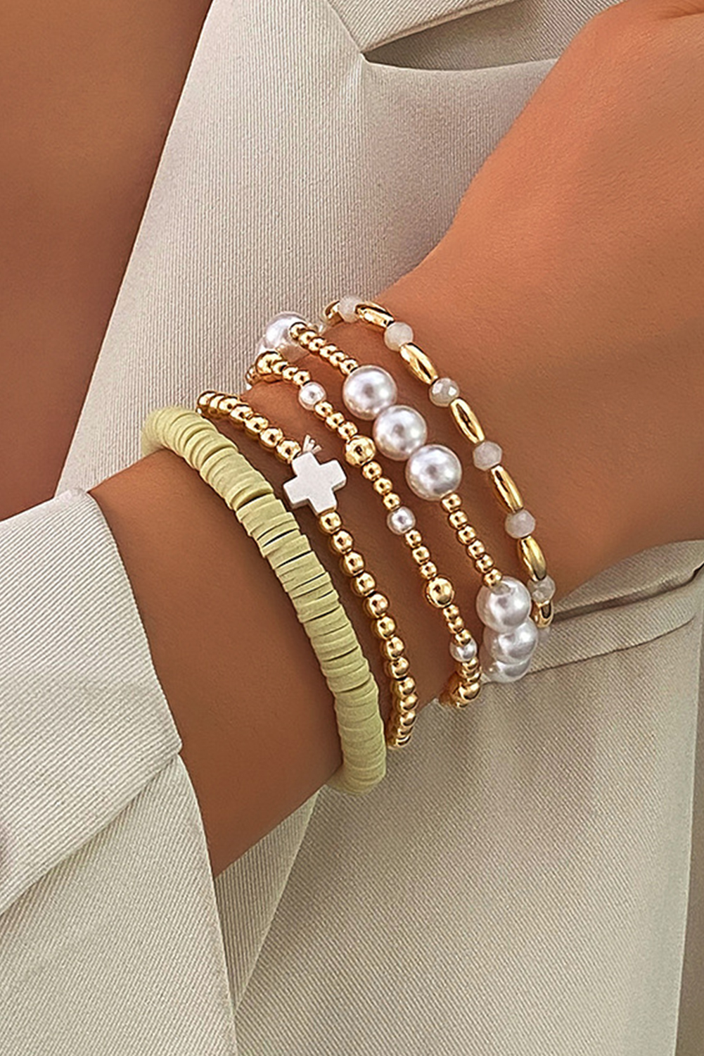 Gold Plated Beading Pearl Detail 5pcs Elastic Bracelet Set - loveforevers