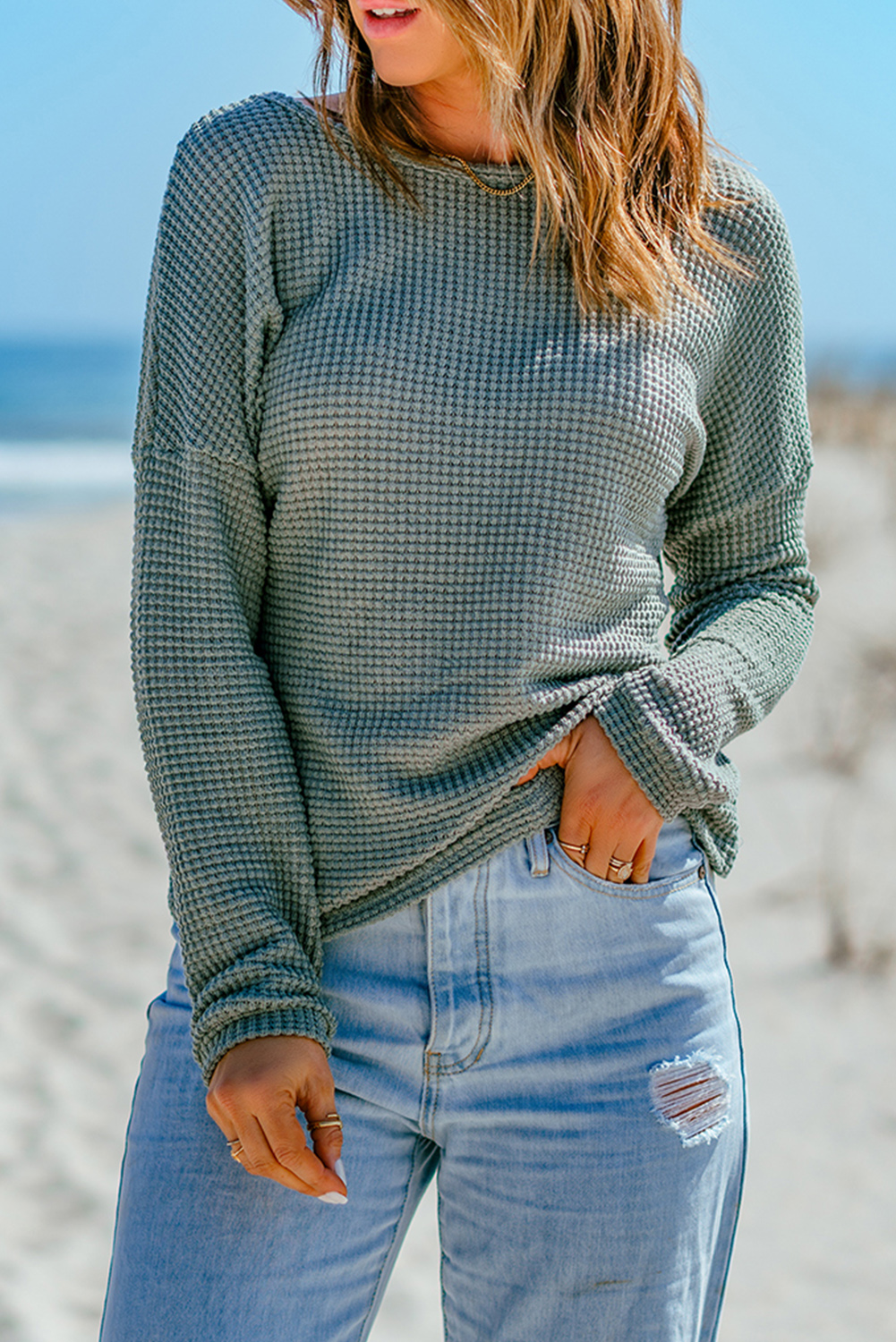 Green Waffle Knit Drop Shoulder Long Sleeve Top - loveforevers