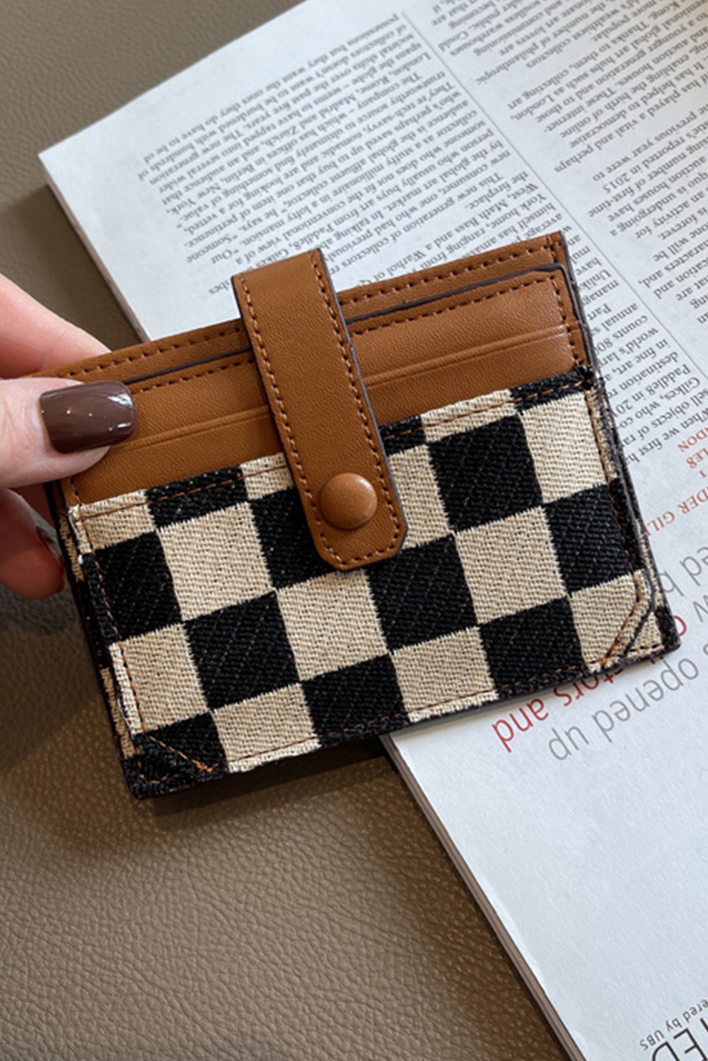 Coffee Leather Checkered Canvas Patchwork Card Storage Wallet - loveforevers