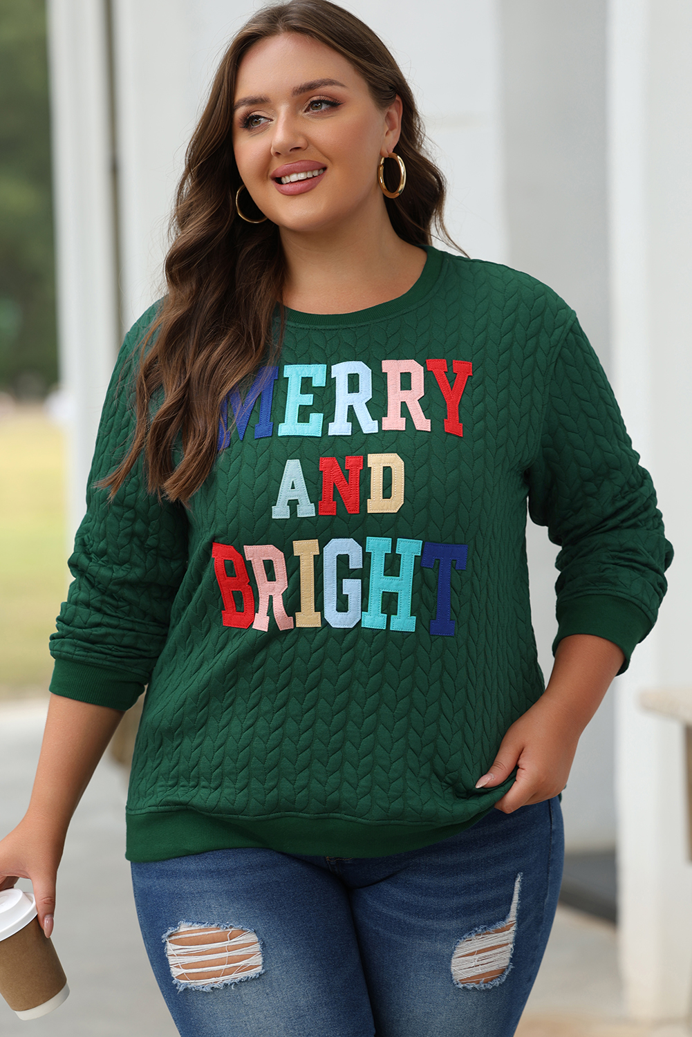 White LOVE Chenille Embroidered Cable Knit Pullover Sweatshirt - loveforevers