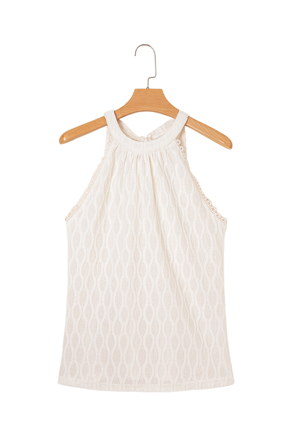 Beige Frenchy Lace Trim Textured Halter Tank Top - loveforevers