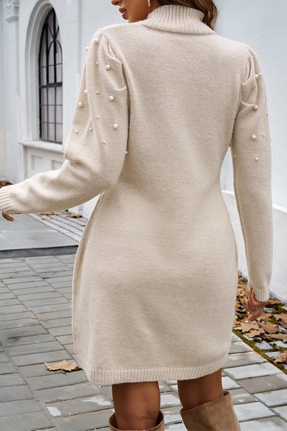 Parchment Pearl Beaded High Neck Bodycon Sweater Dress - loveforevers
