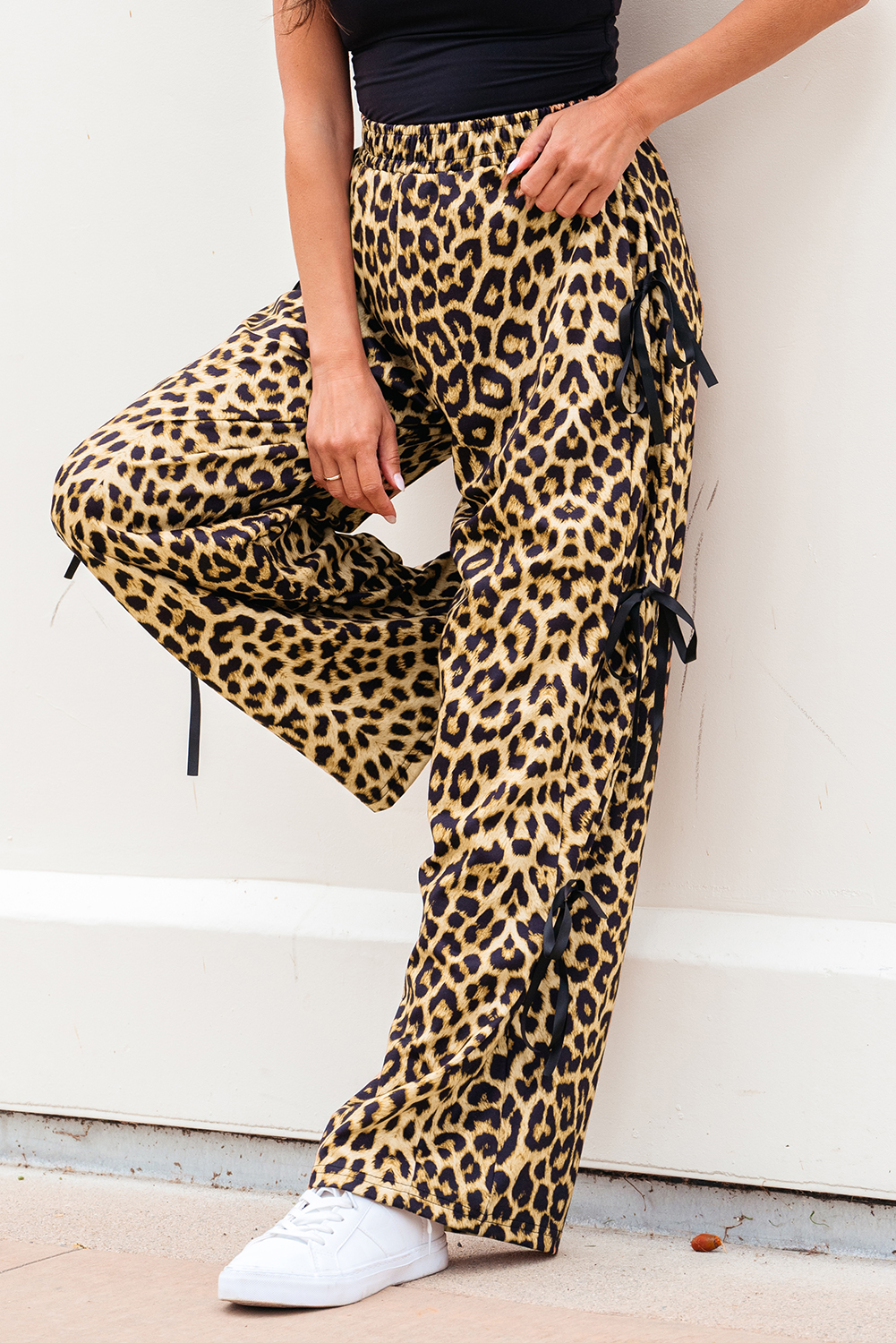 Brown Leopard Print Bow Tie Elastic Waistband Loose High Waist Pants - loveforevers