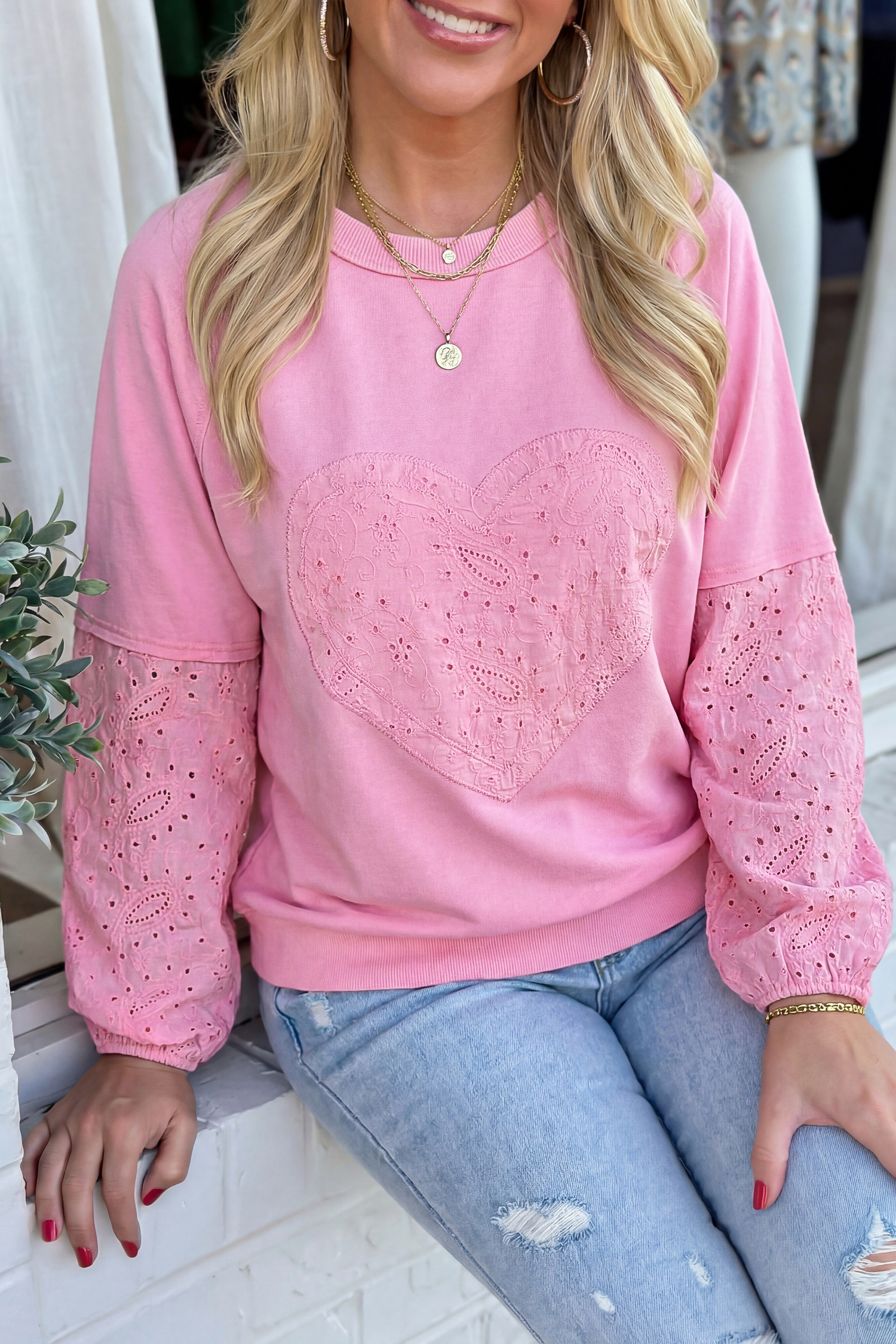 Pink Paisley Broderie Anglaise Valentine Heart Pattern Long Sleeve Patchwork Top - loveforevers