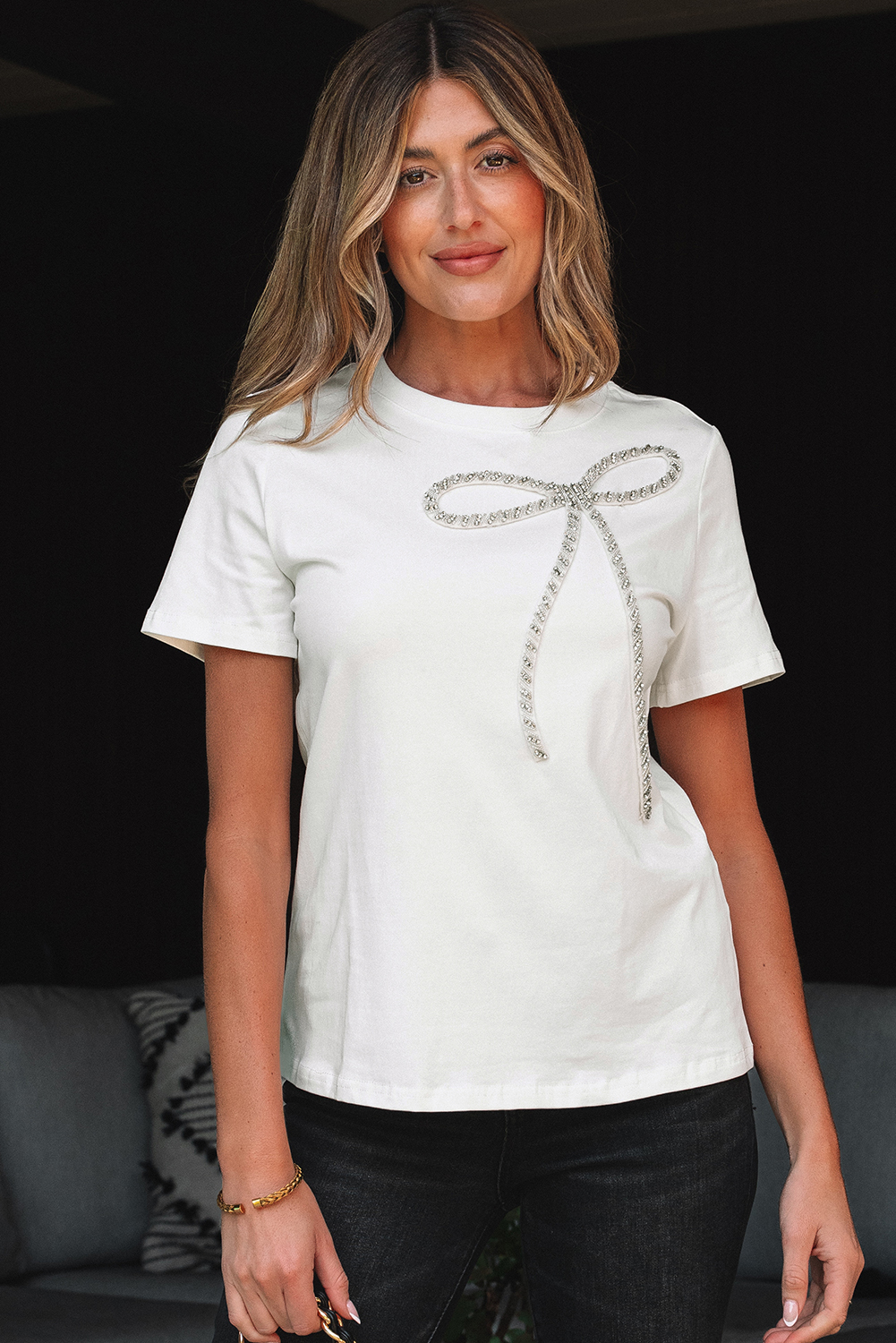 White Rhinestone Bow Embellished Round Neck Tee - loveforevers