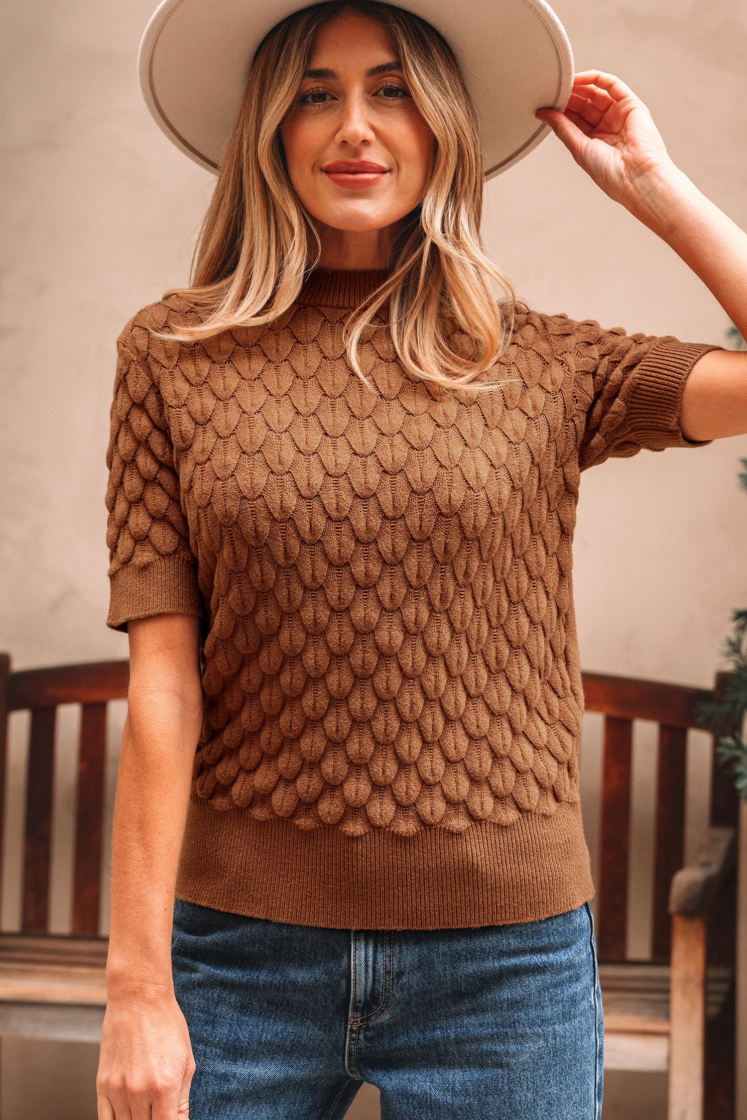 Straw Yellow Fish Scale Textured Knit Ribbed Crew Neck Short Sleeve Sweater - loveforevers