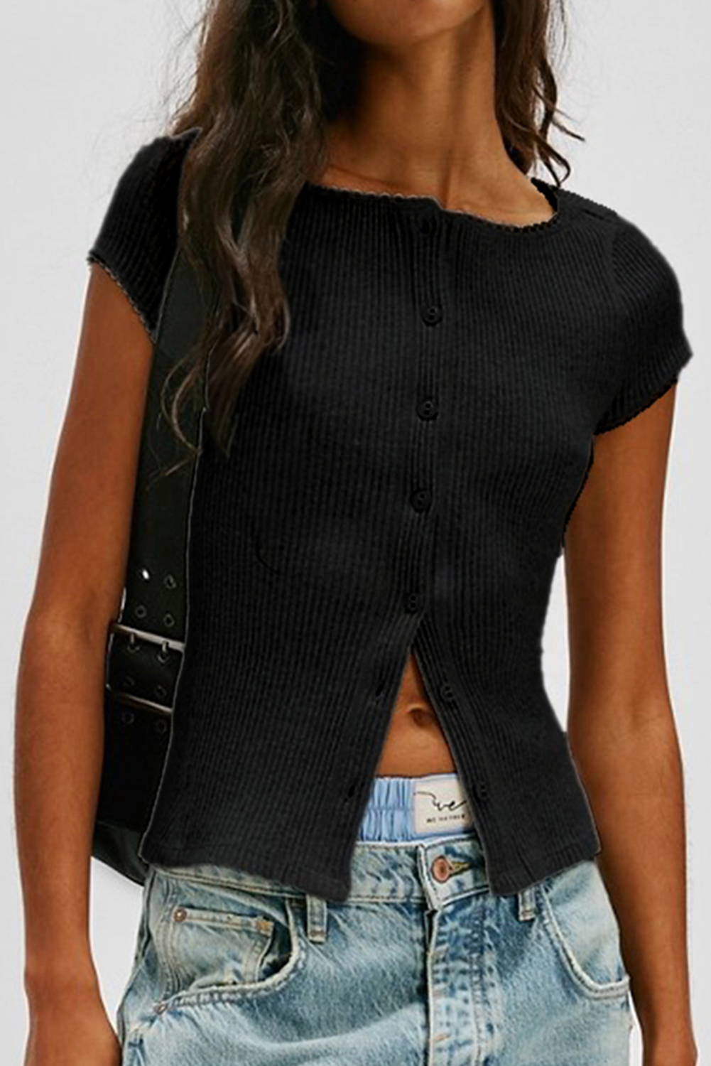 Black Solid Color Ribbed Knit Lace Trim Button Down Short Sleeve Top - loveforevers