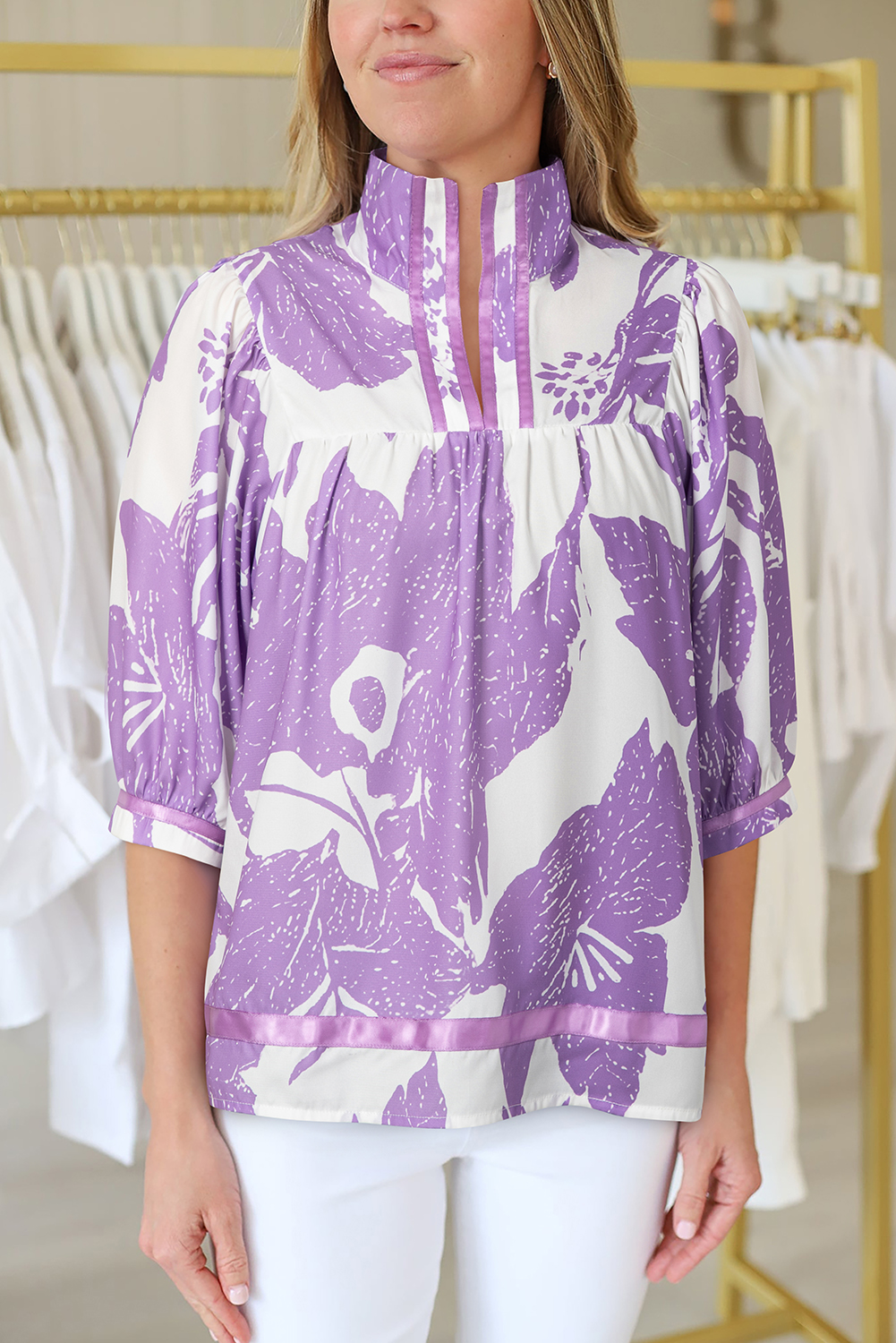 Purple Leafy Print 3/4 Sleeve Striped Trim Split Neck Blouse - loveforevers