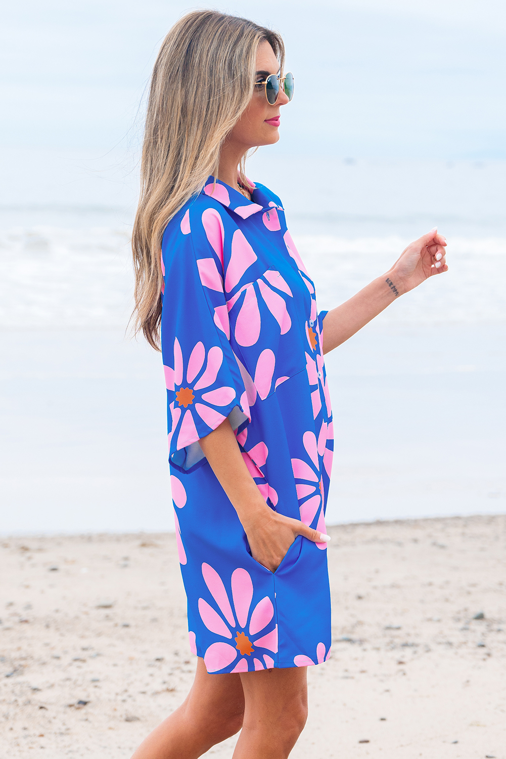 Blue Summer Flower Print Shirt Collar Button Front Loose Romper - loveforevers