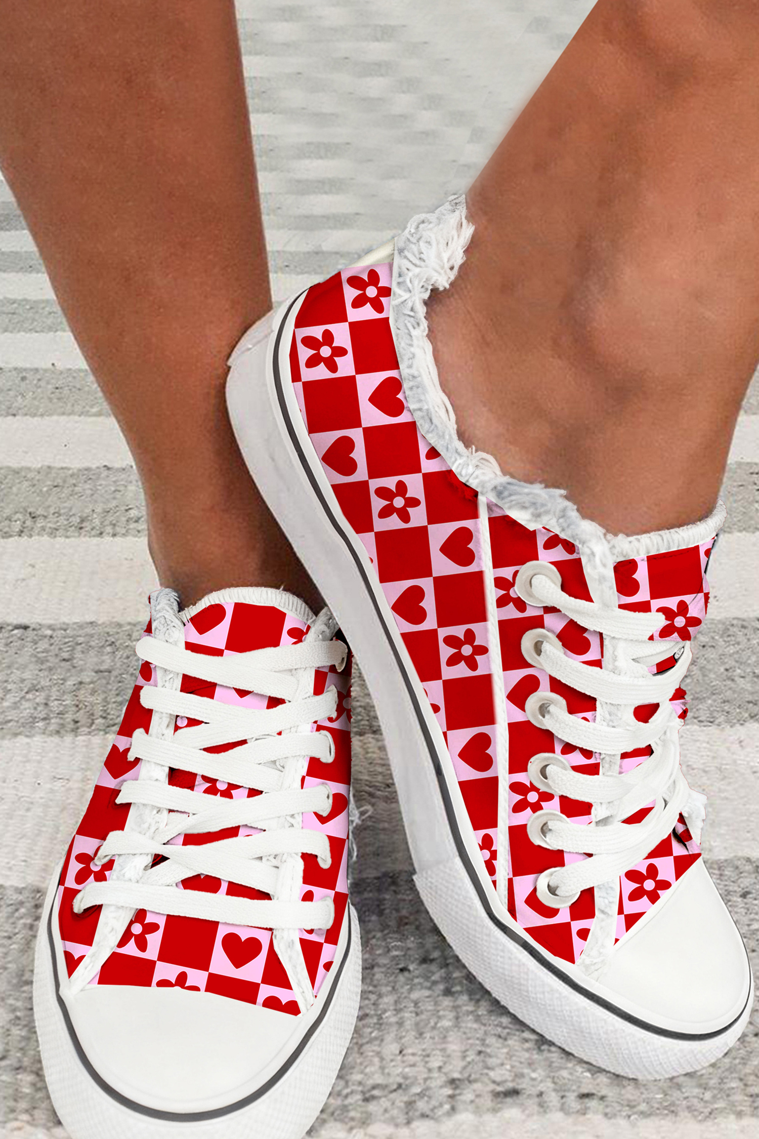 Fiery Red Flower Heart Checkered Print Frayed Trim Lace-up Flat Shoes - loveforevers