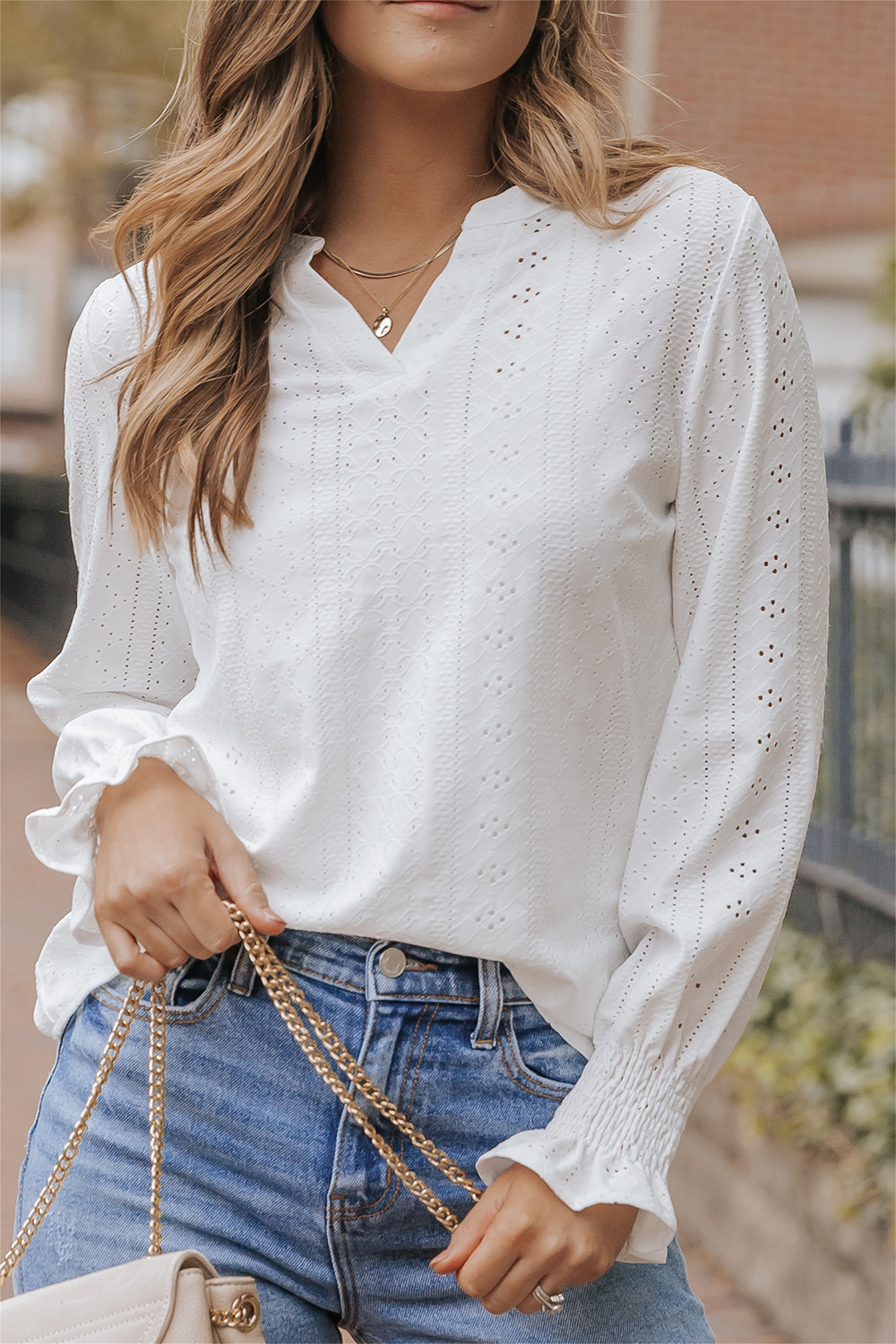 White Split Neck Textured Loose Blouse - loveforevers