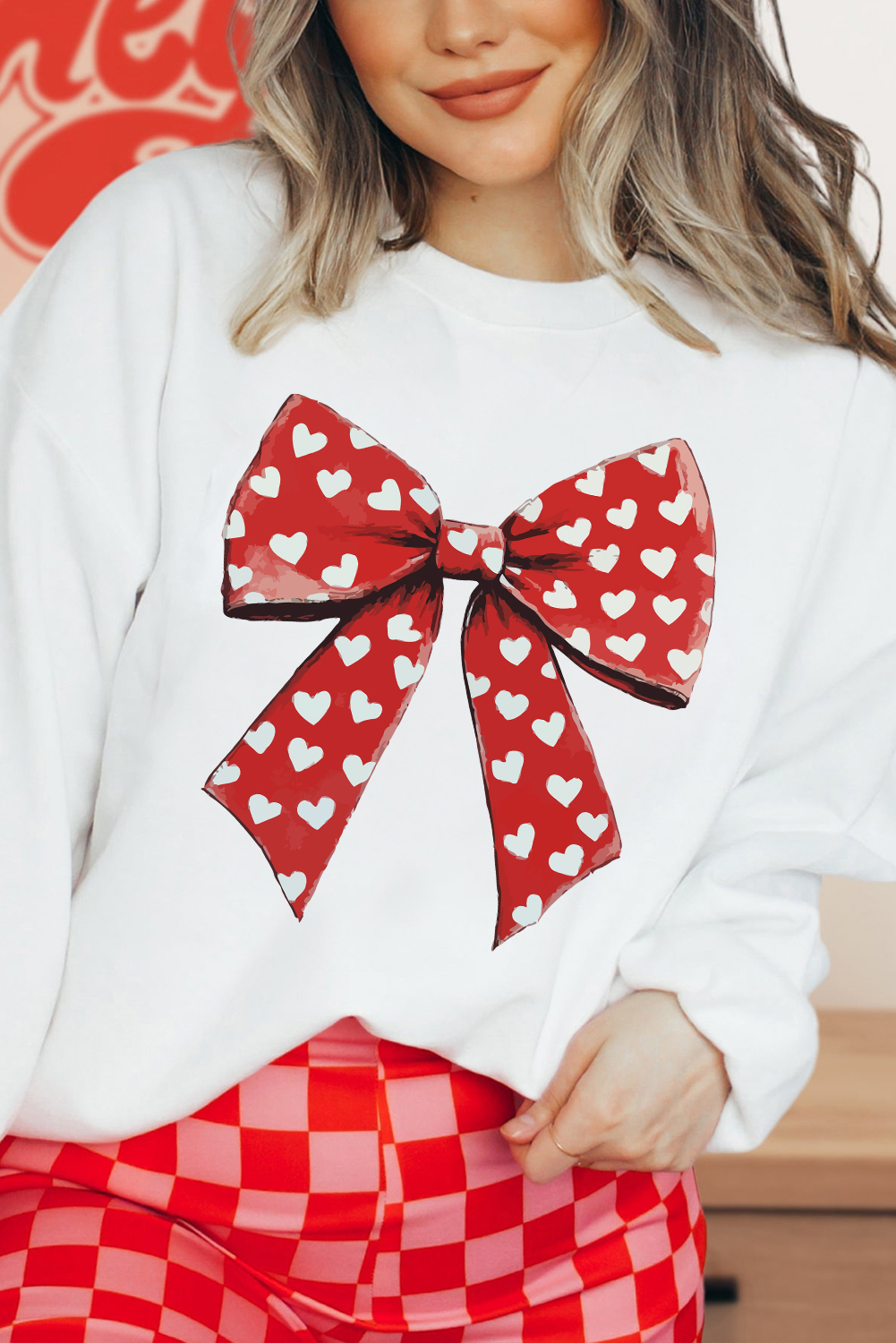 White Heart Bow Printed Round Neck Valentines Pullover Sweatshirt - loveforevers