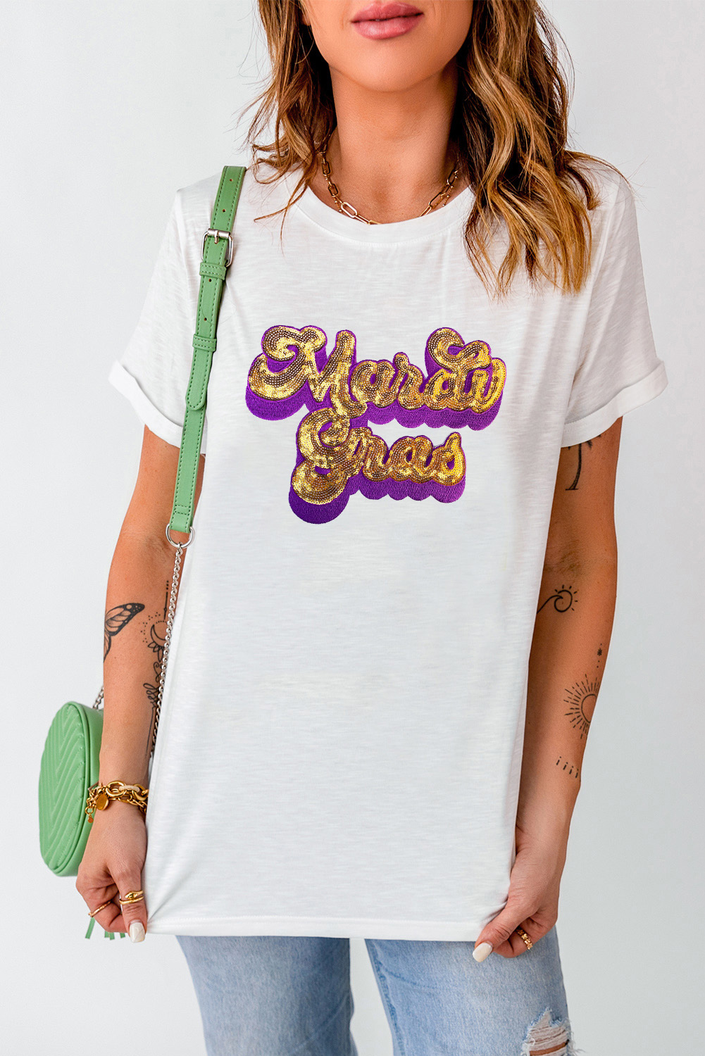 White Mardi Gras Sequin Graphic T-shirt - loveforevers