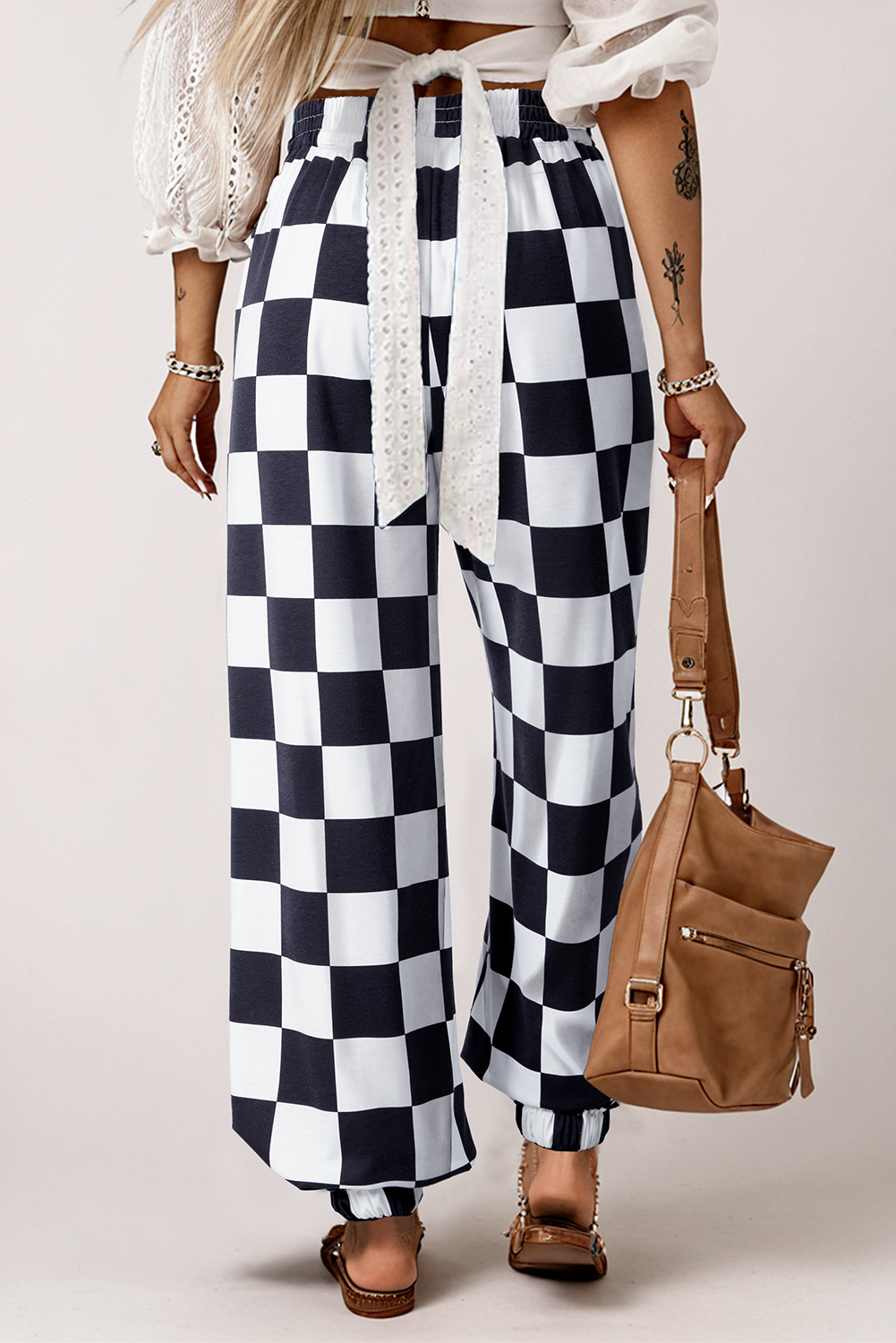 Black 2-Tone Checked Print High Waist Wide Leg Pants - loveforevers