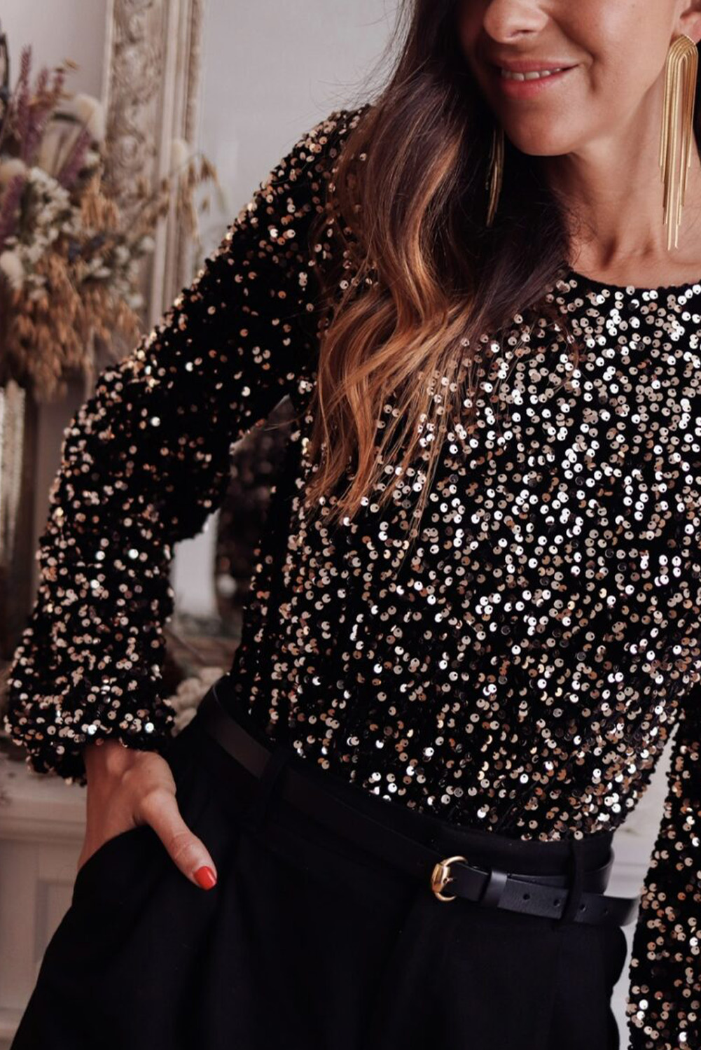 Black Deep V Back Sequin Puff Sleeve Bodysuit - loveforevers