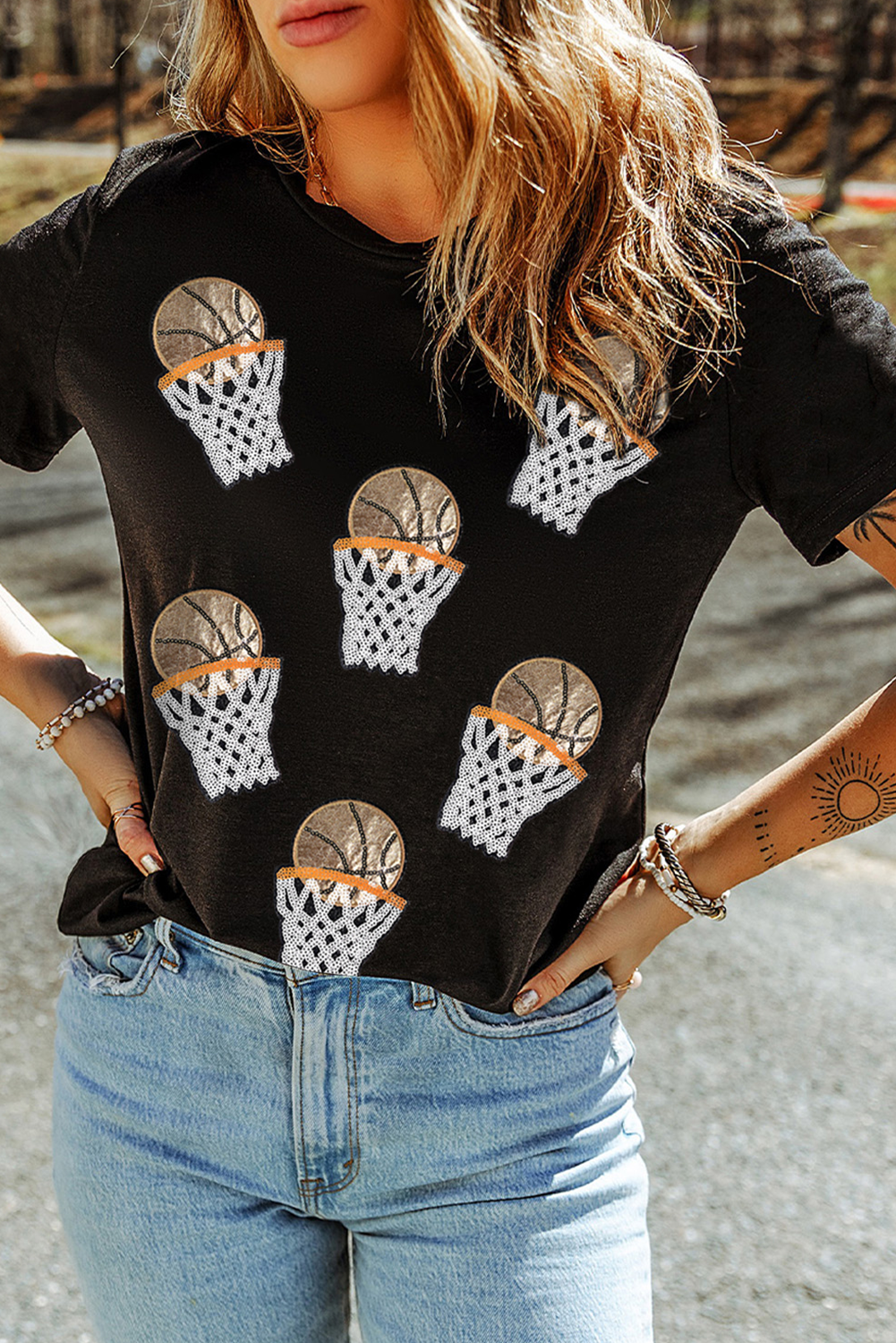 Black Sequin Basketball Patched Graphic Game Day T Shirt - loveforevers