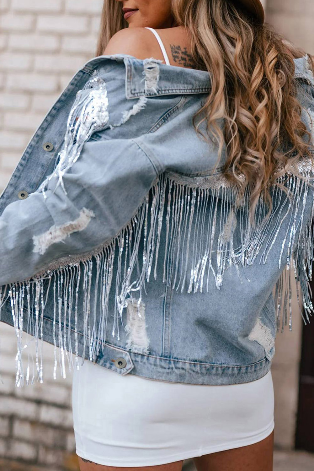 Sky Blue Sequin Embellished Fringe Distressed Denim Jacket - loveforevers