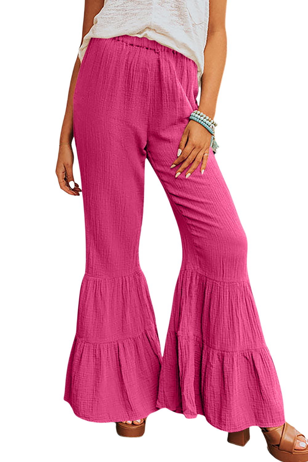 Rose Textured High Waist Ruffled Bell Bottom Pants - loveforevers