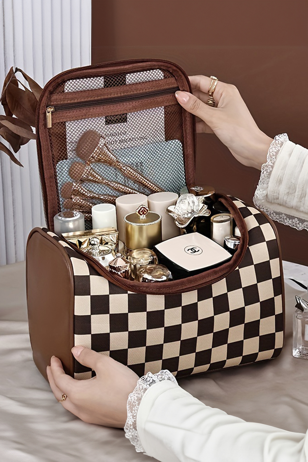 Black Checkered PU Leather Zipper Makeup Bag - loveforevers