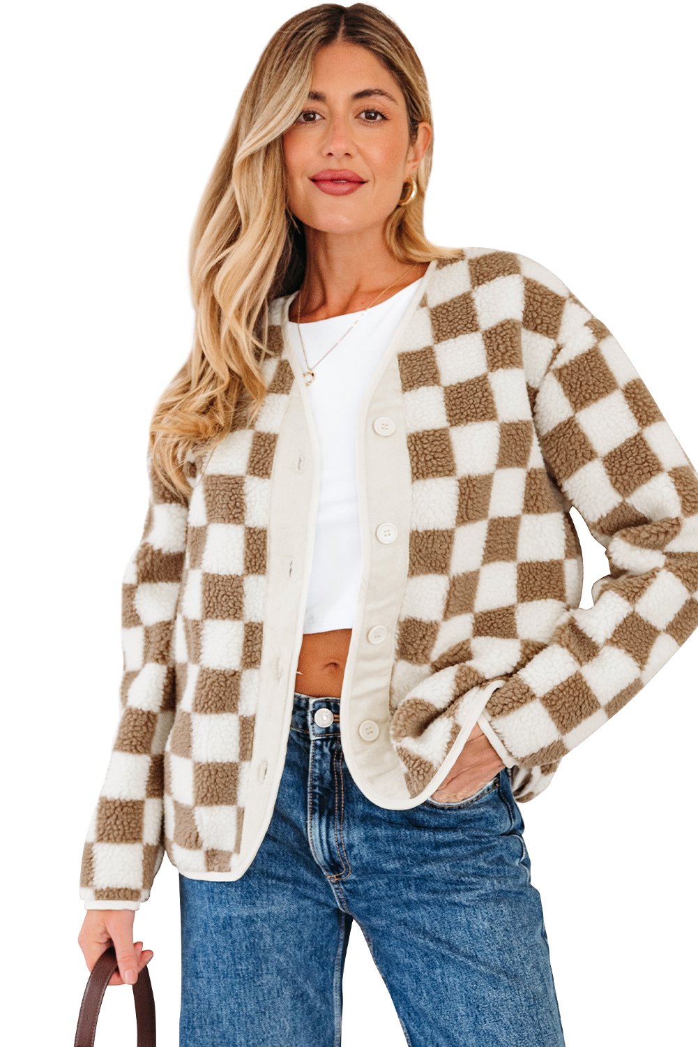 Brown Checkered Sherpa Buttoned Front Chunky Jacket - loveforevers