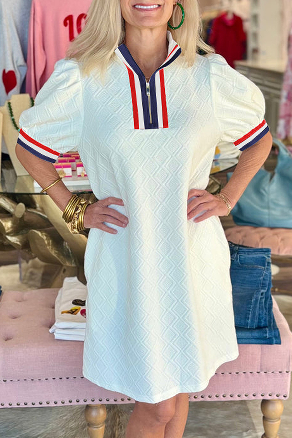 White Textured Jacquard Colorblock Edge Puff Sleeve Quarter Zip Mini Dress - loveforevers
