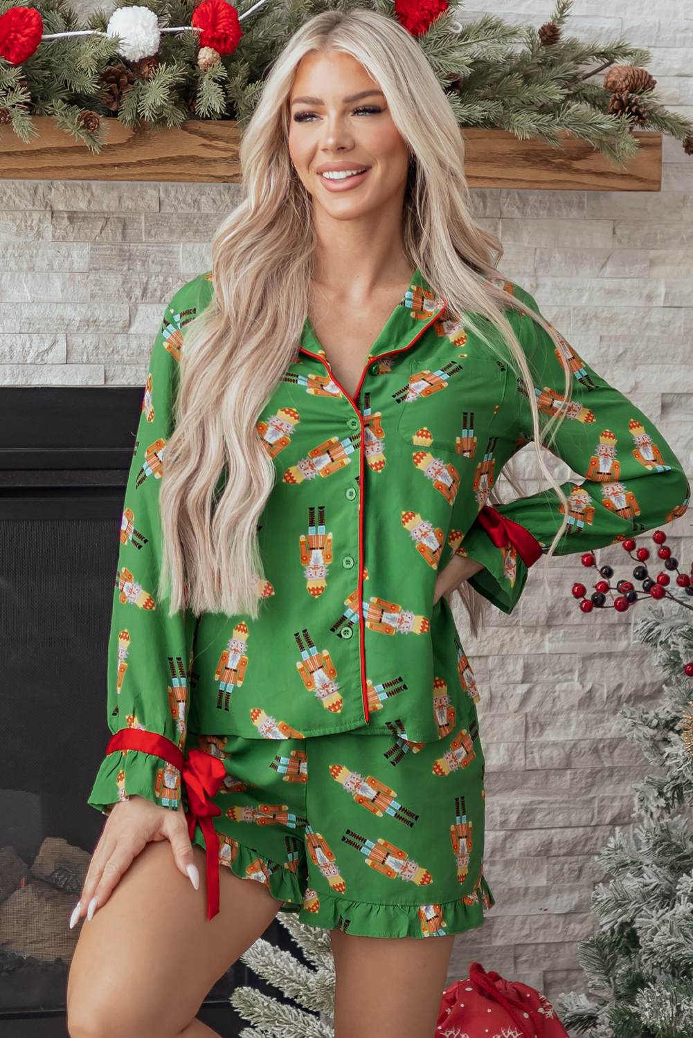 Green Christmas Candy Contrast Trim Bow Knot Silky 2pcs Pajama Set - loveforevers