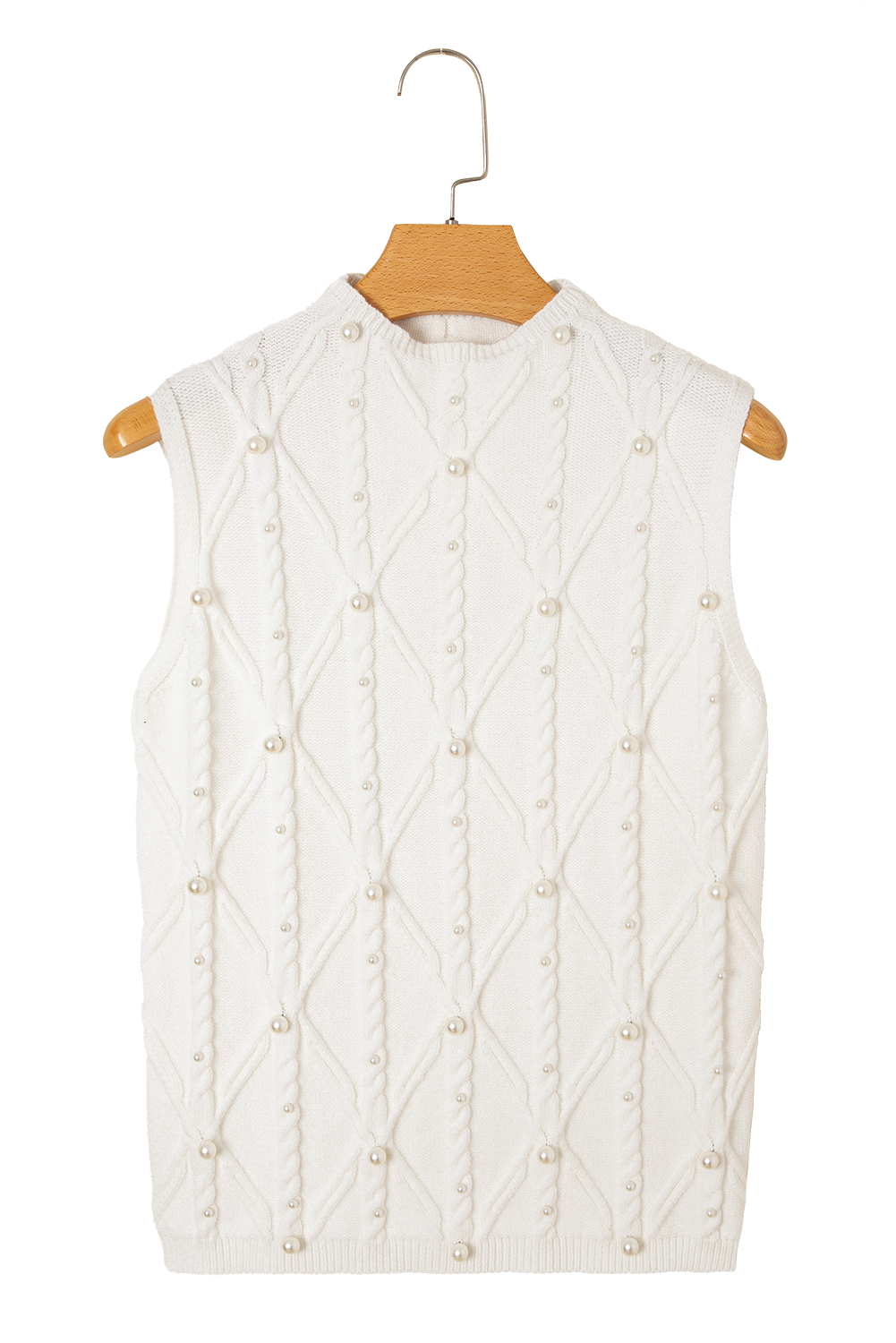 White Pearled High Neck Textured Knit Sweater Vest - loveforevers