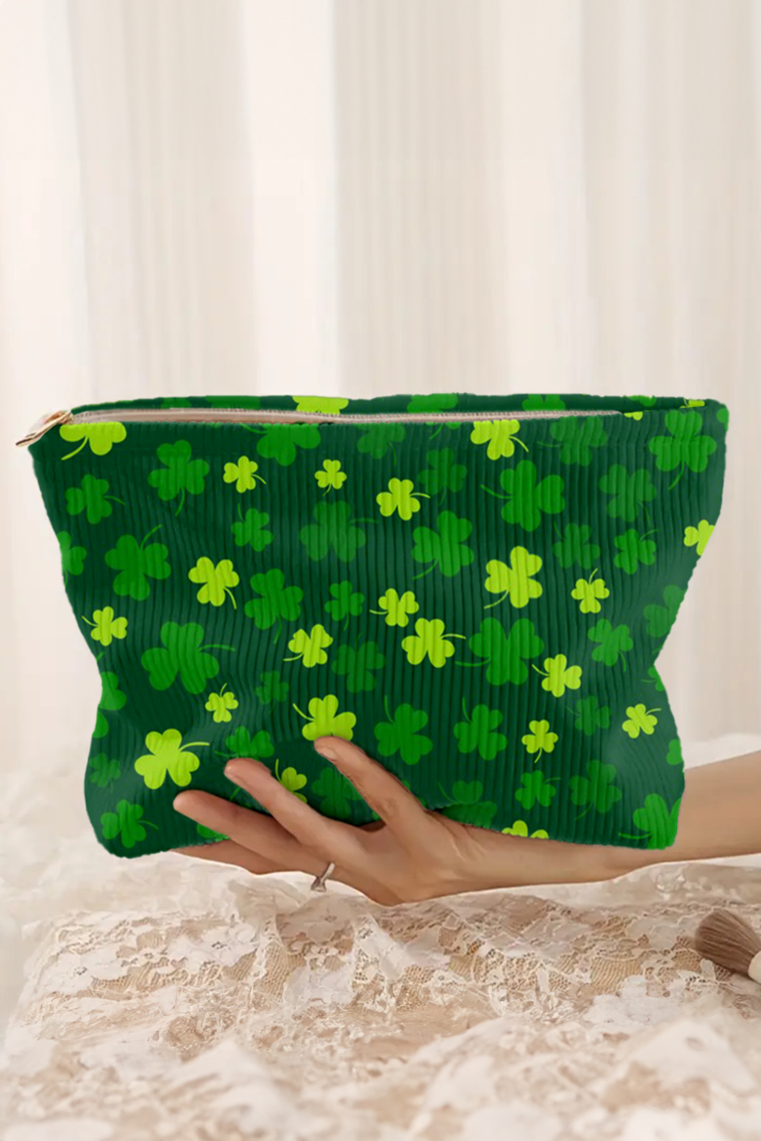 Blackish Green St Patricks Lucky Clover Printed Soft Ribbed Makeup Bag - loveforevers