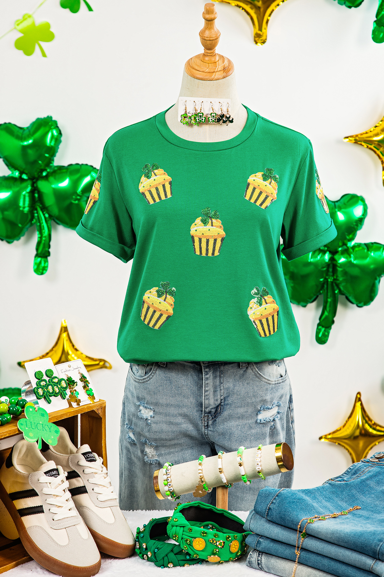 Bright Green St Patricks Day Sequin Cupcake Graphic T Shirt - loveforevers