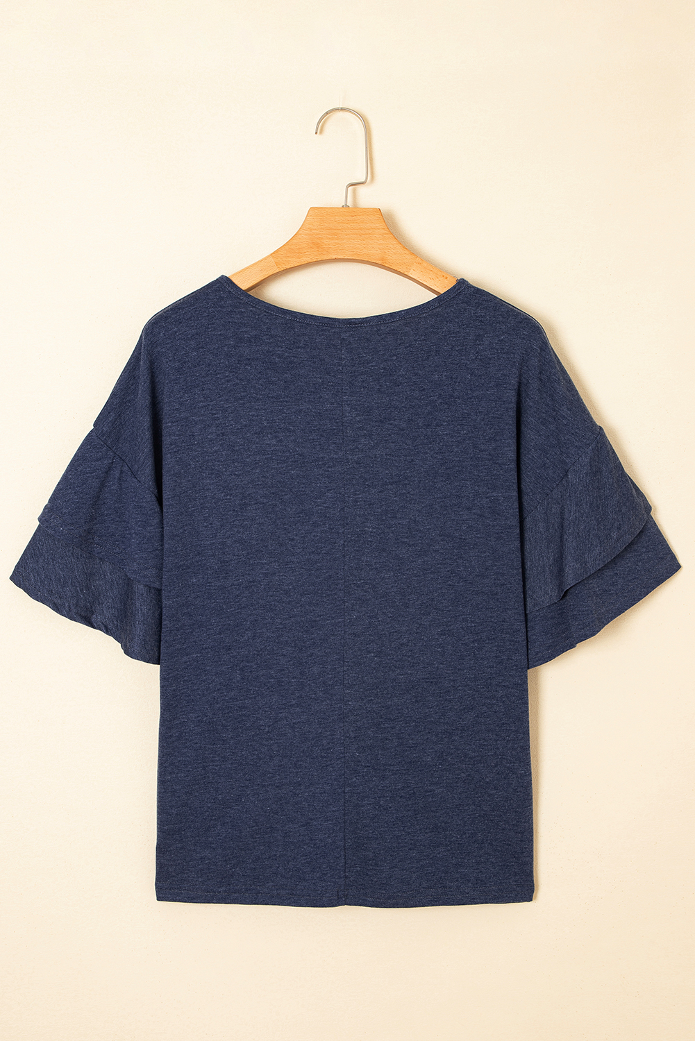 Sail Blue Solid Colour V-Neck Double Layer Sleeve Loose T-Shirt - loveforevers