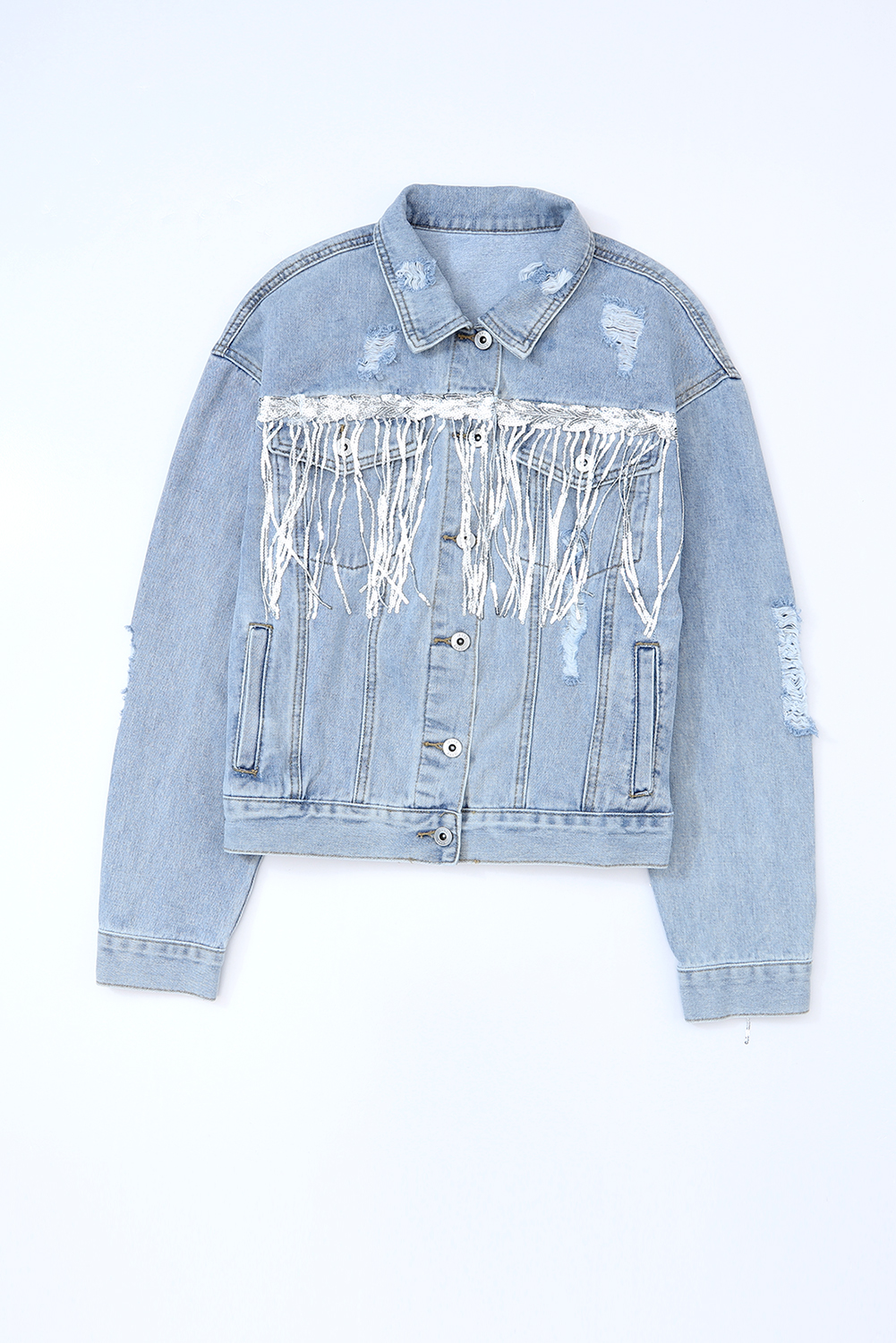 Sky Blue Sequin Embellished Fringe Distressed Denim Jacket - loveforevers
