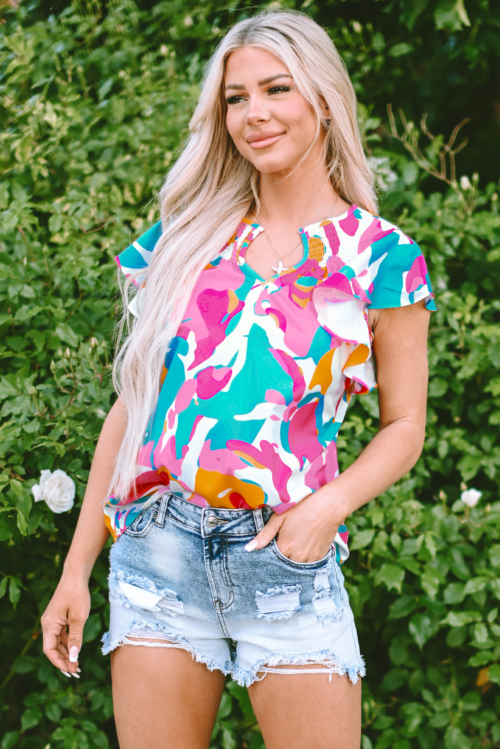Multicolour Abstract Print Notched Neck Flutter Sleeve Blouse - loveforevers