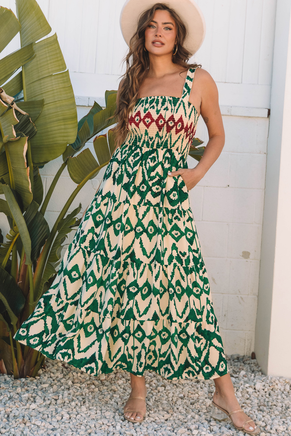 Green Western Aztec Shirred A-line Sleeveless Maxi Dress - loveforevers