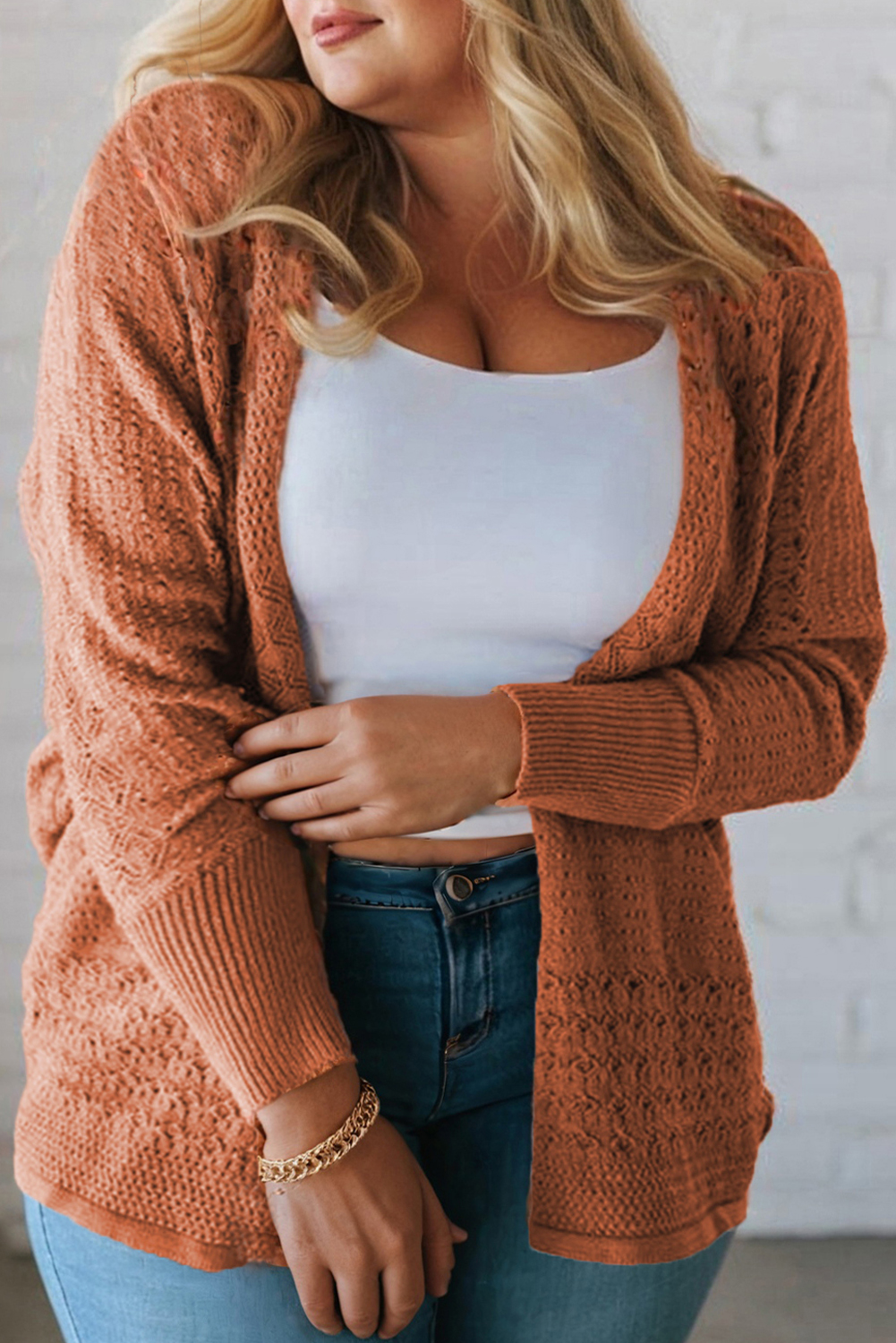 Redwood Burl Mixed Pattern Knitted Open Front Plus Cardigan - loveforevers