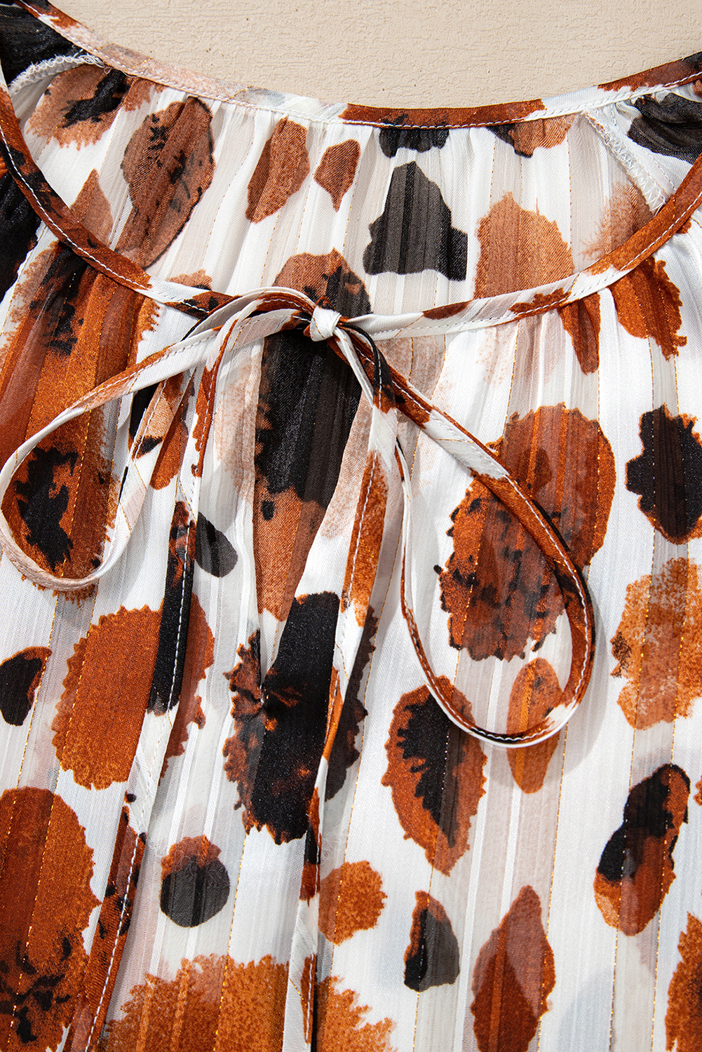 Brown Metallic Threading Accents Pleated Abstract Printed Ruffled 3/4 Sleeve Blouse - loveforevers