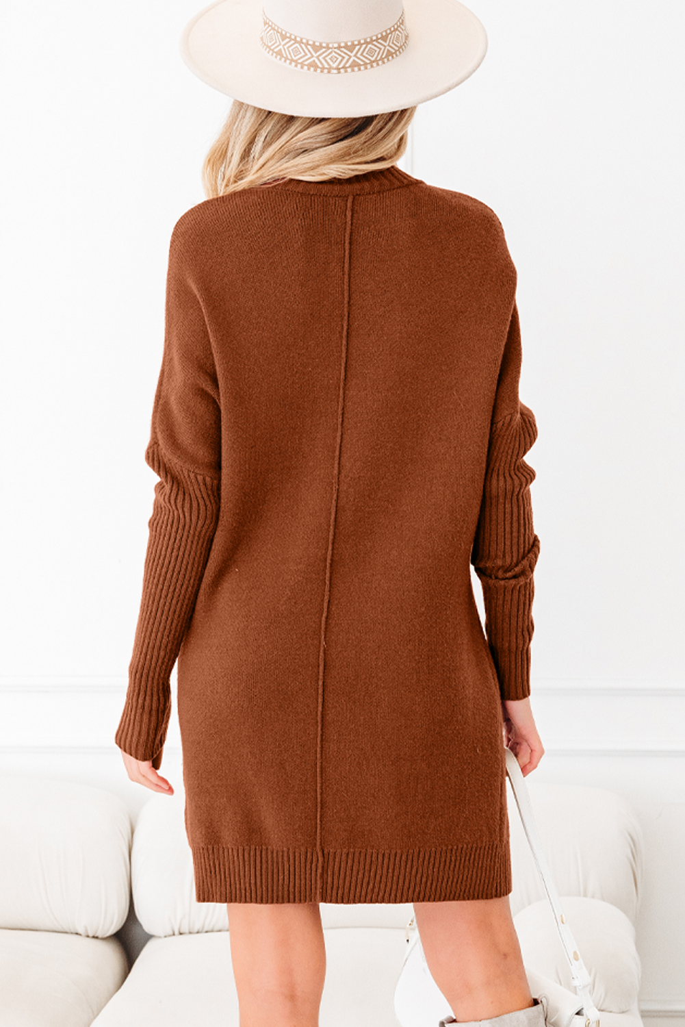 Fiery Red Ribbed High Neck Front Pockets Center Seam Shift Sweater Dress - loveforevers