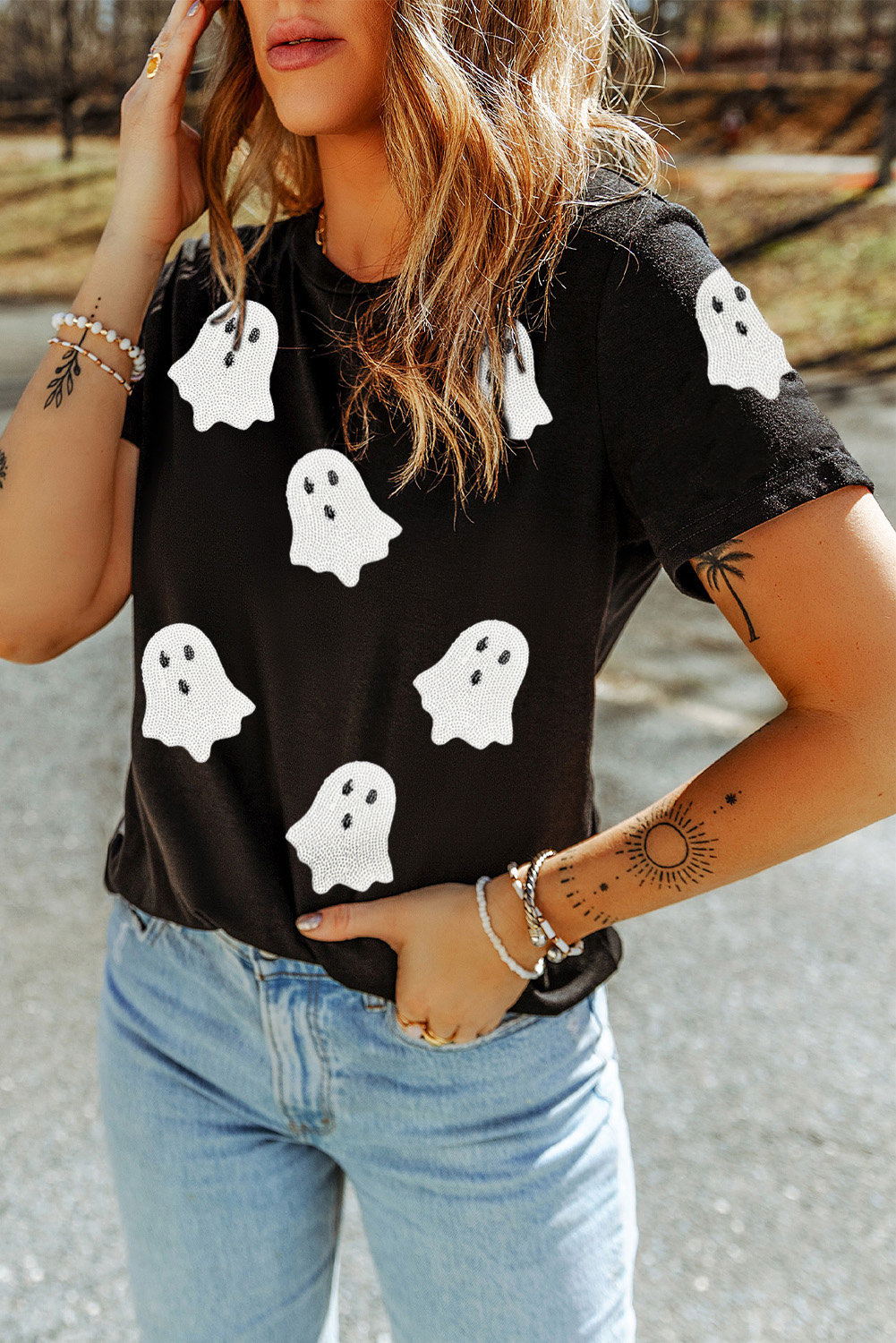 Wisteria Glitter Trim Chenille Ghost Patched Halloween Graphic Tee - loveforevers