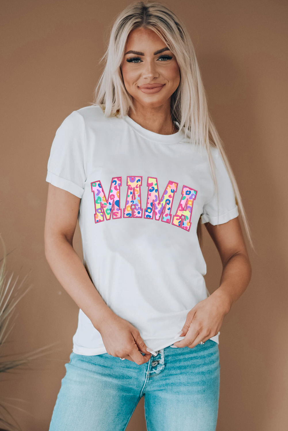 White MAMA Leopard Embroidered Crew Neck Graphic Tee - loveforevers