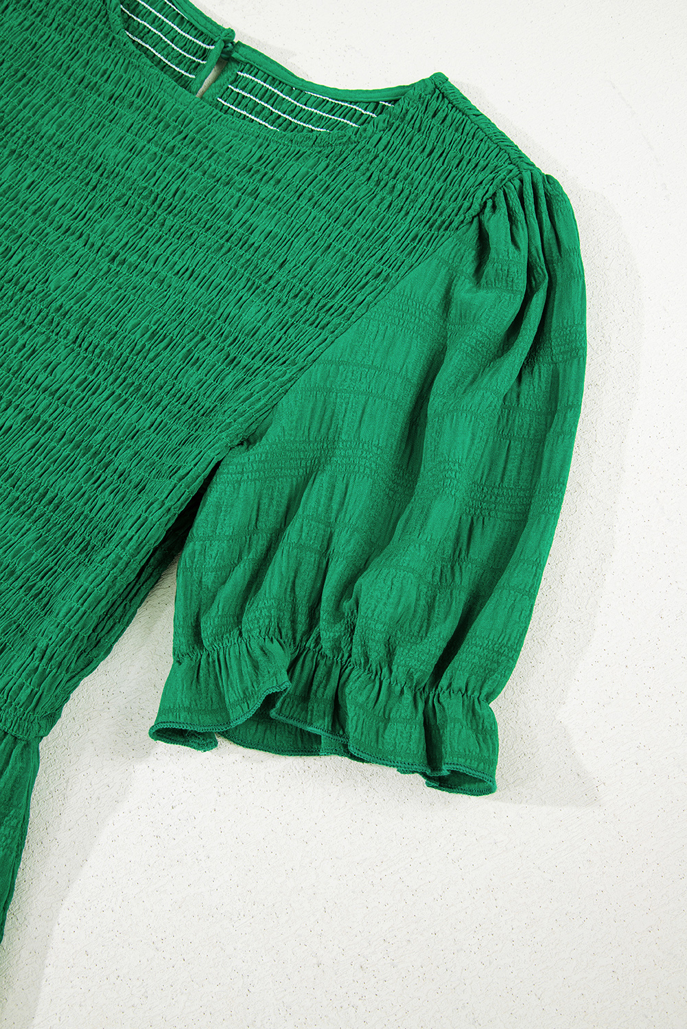 Dark Green Textured Ruffled Sleeve Round Neck Top - loveforevers