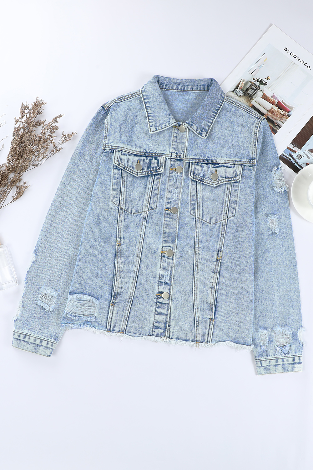 Sky Blue Lapel Distressed Raw Hem Buttons Denim Jacket - loveforevers