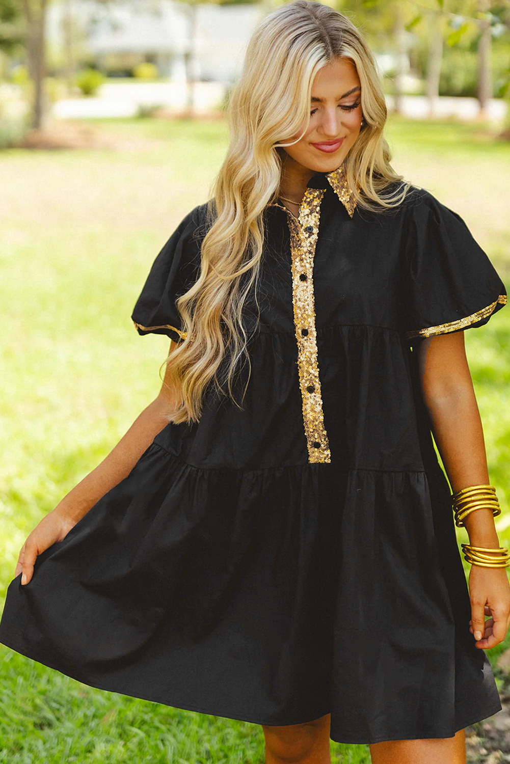 Black Sequin Trim Bubble Sleeve Game Day Shirt Dress - loveforevers